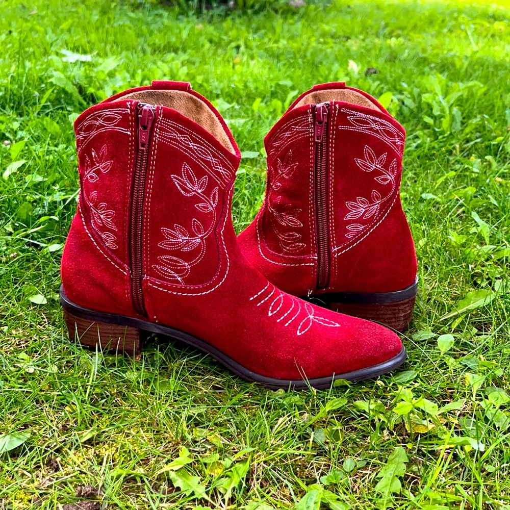 Red Embroidered Suede Ankle Boots